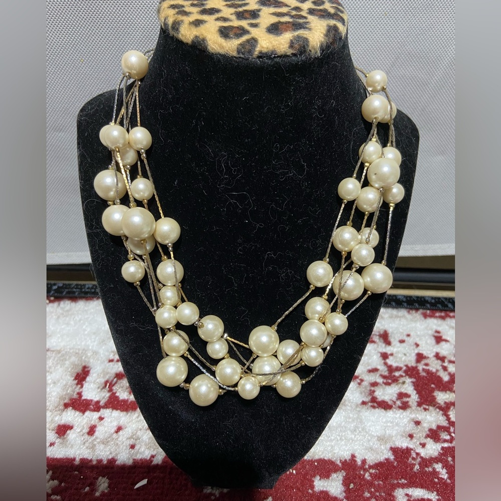 Vintage Made in Korea, Faux Pearl Necklace in Multi-Strand Chain